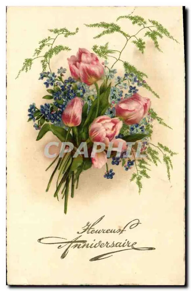 Buquê de tulipas e flores azuis — Parabéns de aniversário - Frente