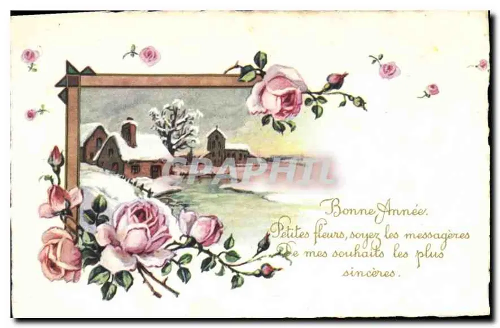 Paisagem invernal — rosas decorativas — texto de boas-vindas — verso com escrita manuscrita e data 1941 - Frente