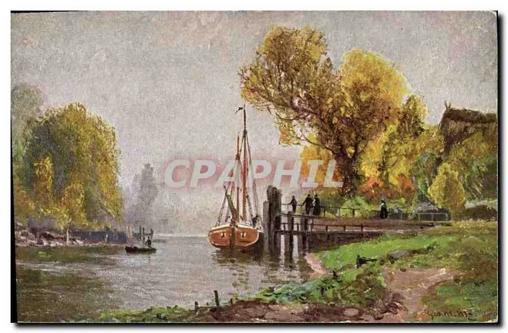 Vista de rio com barco a vela — pintura — HKE, série 352 - Frente