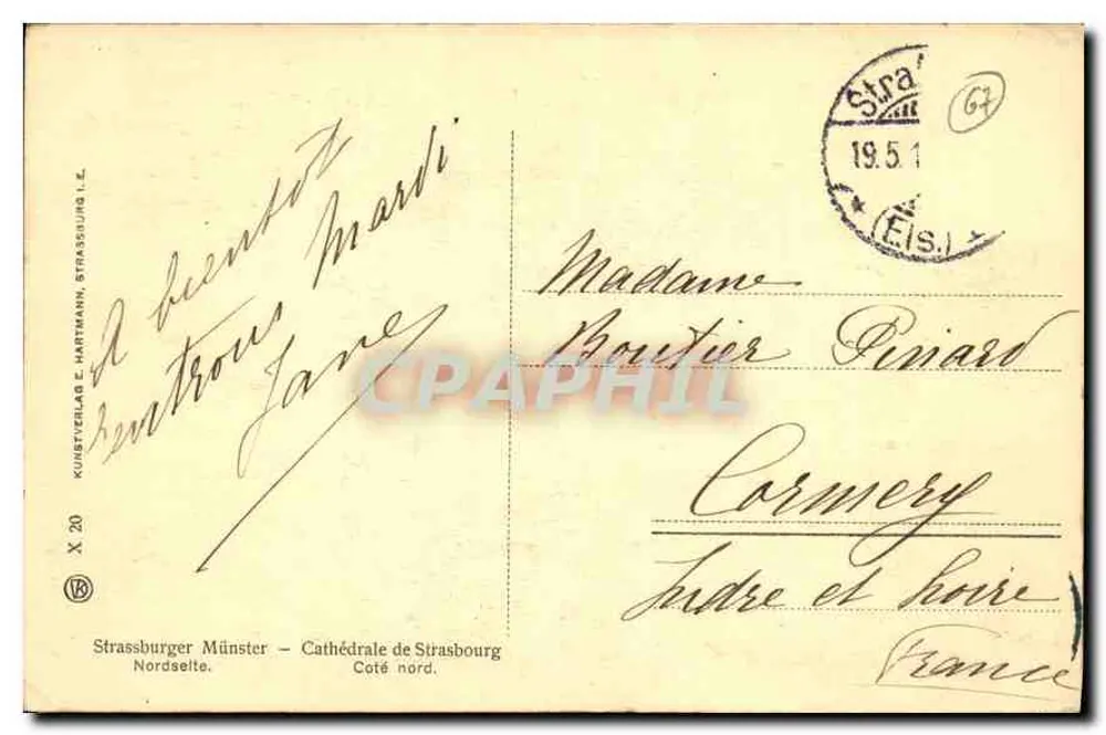 Catedral de Estrasburgo — Lado norte — Kunstverlag E. Hartmann, Estrasburgo, n° X 20 - Verso