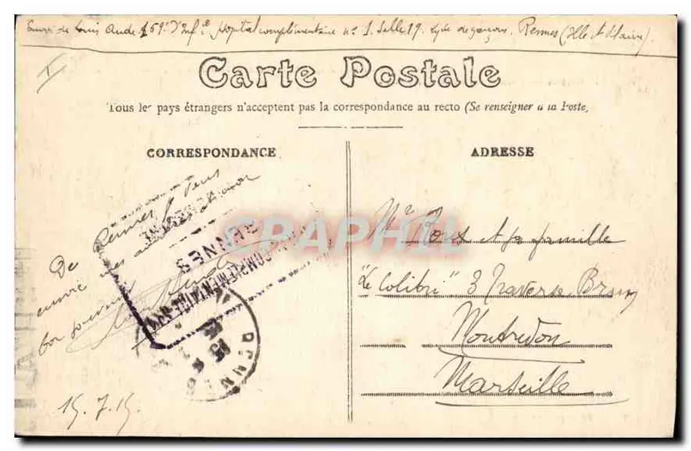 Rennes — O Palácio do Comércio — Bilhete postal antigo n°1288 - Verso
