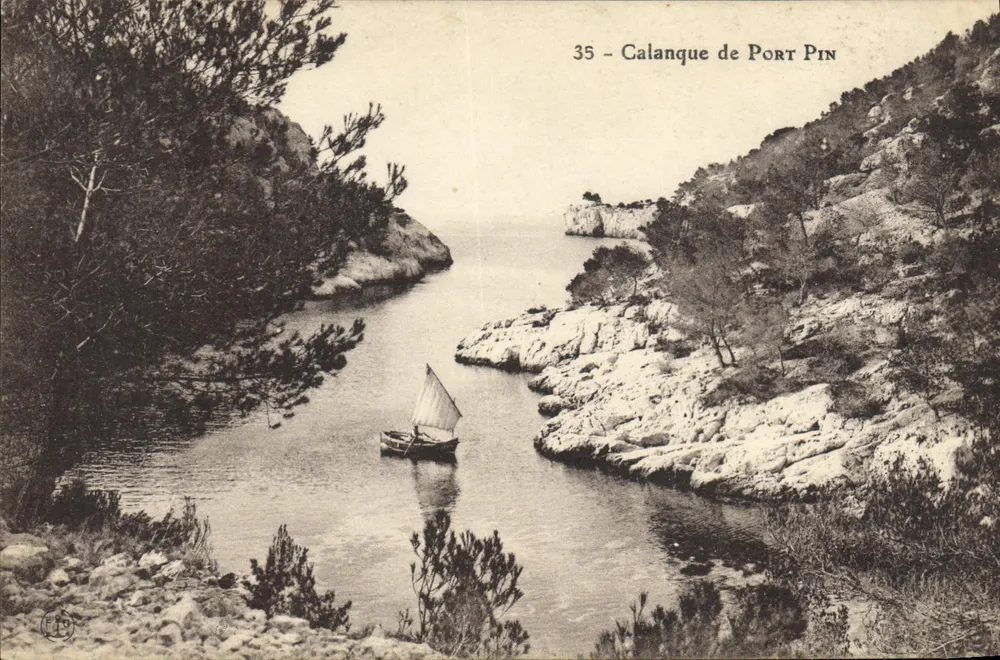 Calanque de Port Pin — vista da baía com vela — editor não identificado, n° 35 - Frente