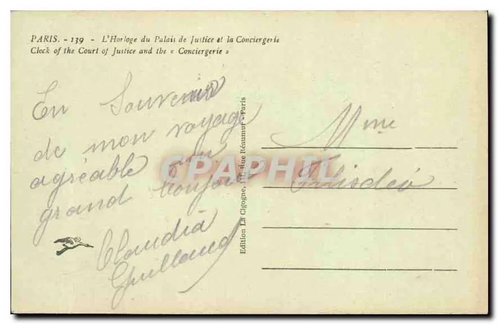 Paris - Die Uhr des Palasts der Gerechtigkeit und die Conciergerie — Edition La Cigogne, Paris - Rückseite