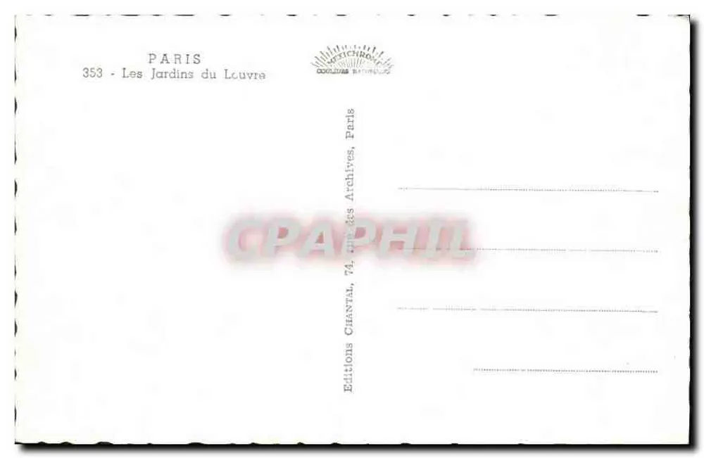Ogród Louwru — widok Carrousel i Louvru — Wydawnictwo Chantal, Paryż - Rewers