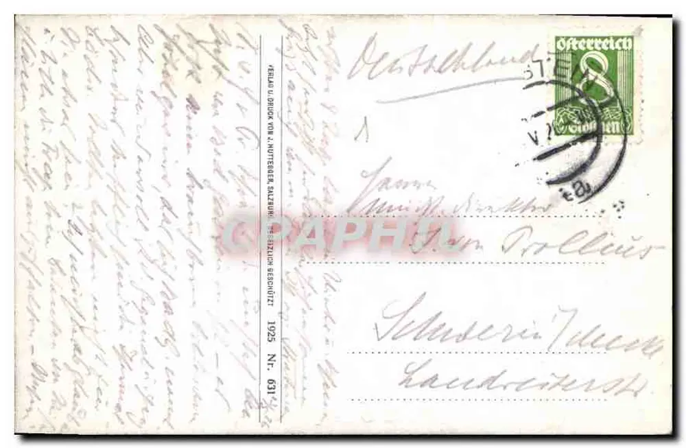 Badgastein — cascata e edifícios — editor K. H. Nötterer, Nüzig, n° 631 - Verso