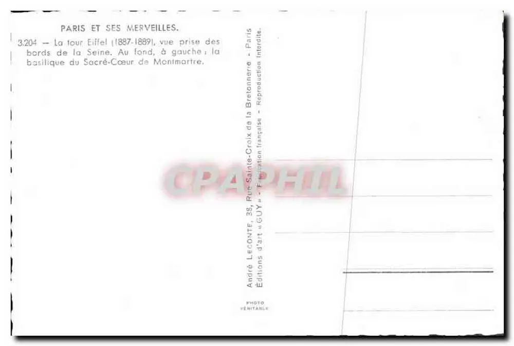 Die Eiffelturm (1887-1889), Ansicht vom Ufer der Seine — Im Hintergrund, links: die Basilika des Heiligen Herzens von Montmartre — Éditions d'art GUY, Paris - Rückseite