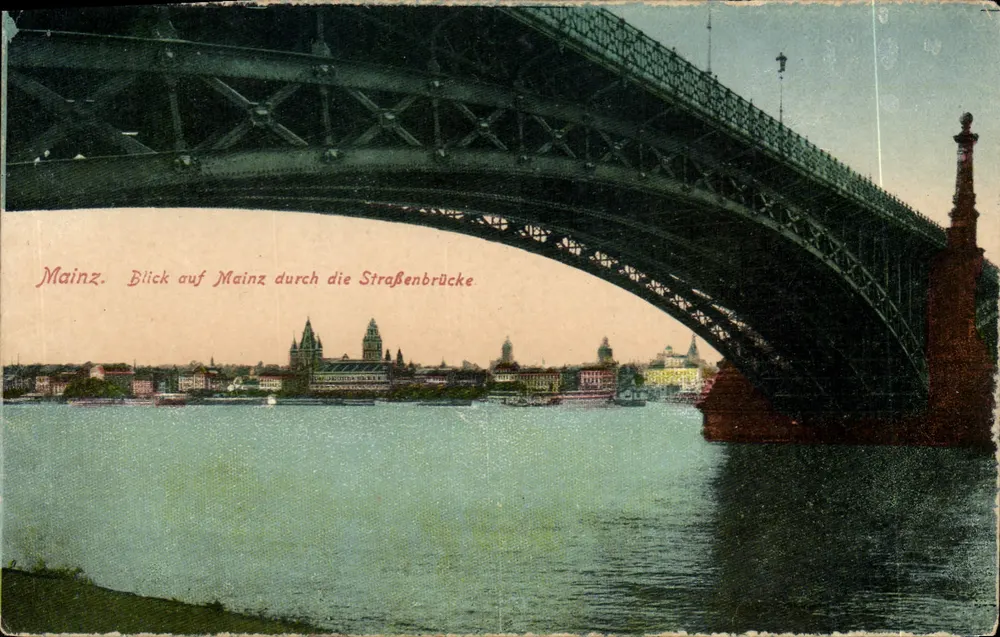 Mainz — Blick auf die Stadt durch die Straßenbrücke — Verlag Ludwig Feist, Mainz - Vorderseite