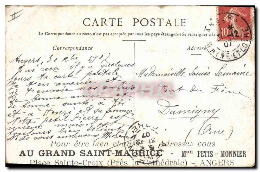 Angers - Estátua do Rei René — editada por Staerck, Paris - Verso