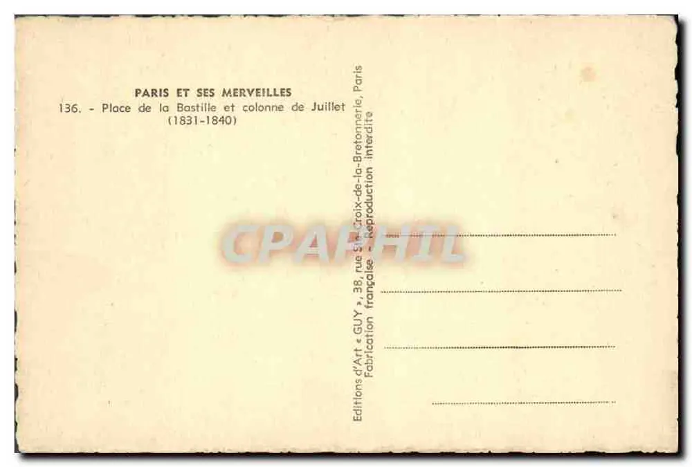 Place de la Bastille — Säule von Juli — Éditions d'Art GUY - Rückseite