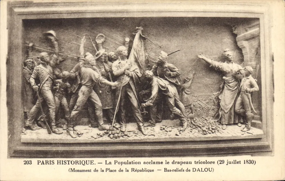 Historisches Paris — Die Bevölkerung begrüßt die Dreifarbige Flagge — Bas-reliefs von DALOU (29. Juli 1830) - Vorderseite