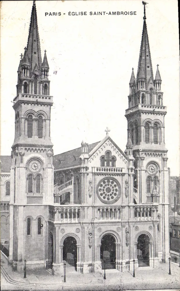Parijs - Kerk van Sint Ambrosius — uitzicht op het gebouw met zijn twee torens en het portaal - Voorkant