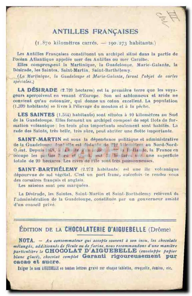Les Colonies Françaises des ANTILLES — carte géographique avec illustration de végétation — Édition de la CHOCOLATERIE D'AIGUEBELLE - Reverso