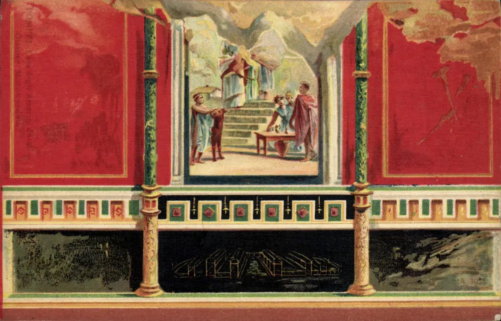 Scène romaine — intérieur d'un temple ou d'un palais avec personnages — éditeur O. M. Z. (O. M. Z. Casa degli Amorini en atto) n° A 305 - Frente