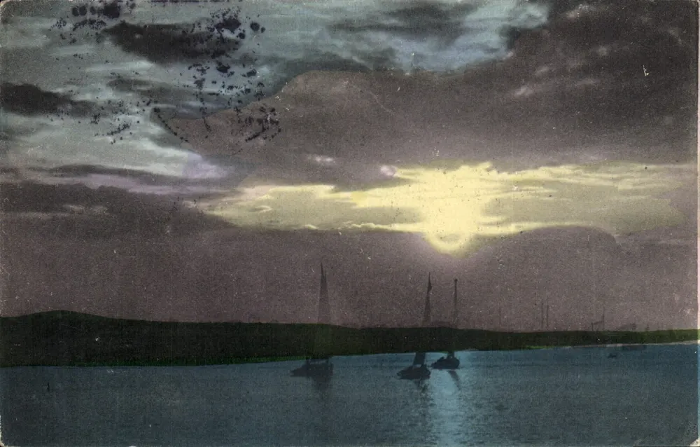 Pôr do sol sobre um lago — barcos a vela — editor B. & C. série 2210 - Frente