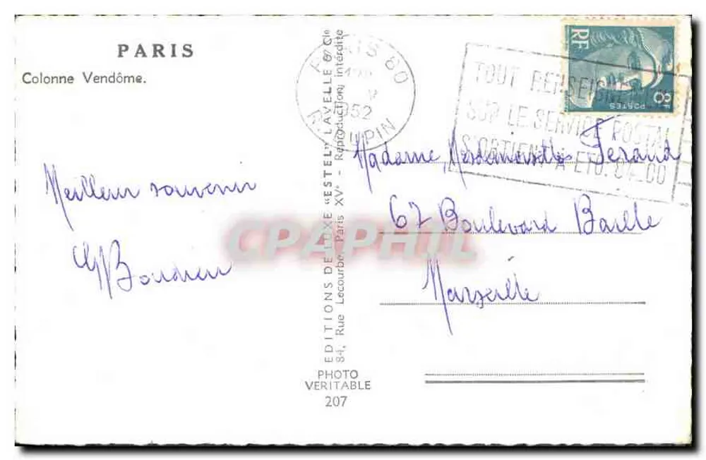 Coluna Vendôme — Paris — Editor Estel, n° 207 - Verso
