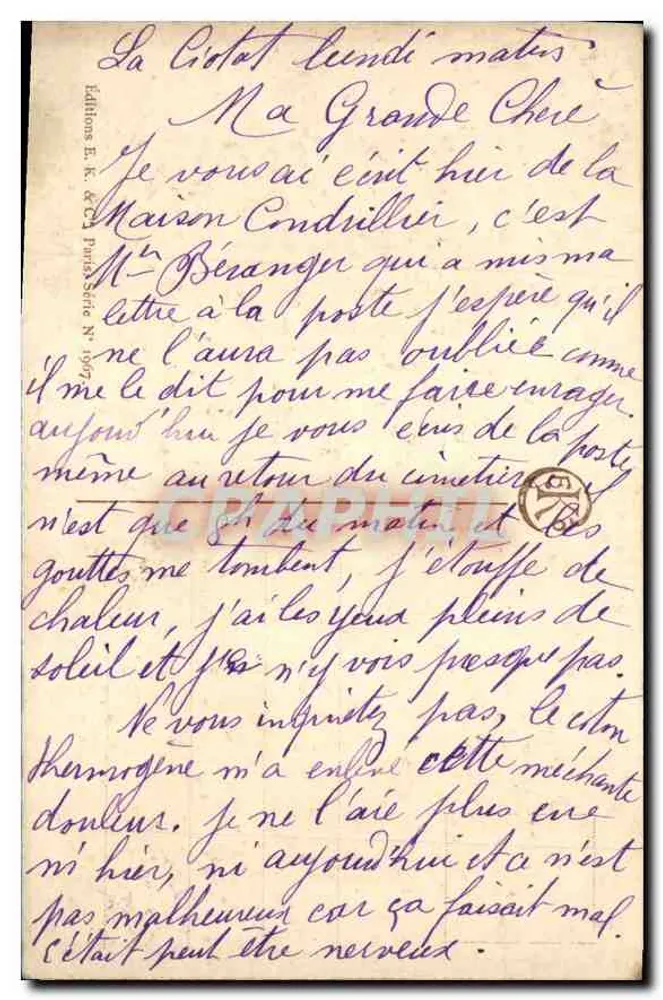 Ponte sobre um curso d'água — vista pitoresca — Edições E. K. & C. Paris, Série N° 1907 - Verso