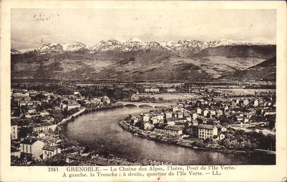 Grenoble — Panoramablick auf die Stadt mit der Isère und der Alpenkette — LL - Vorderseite