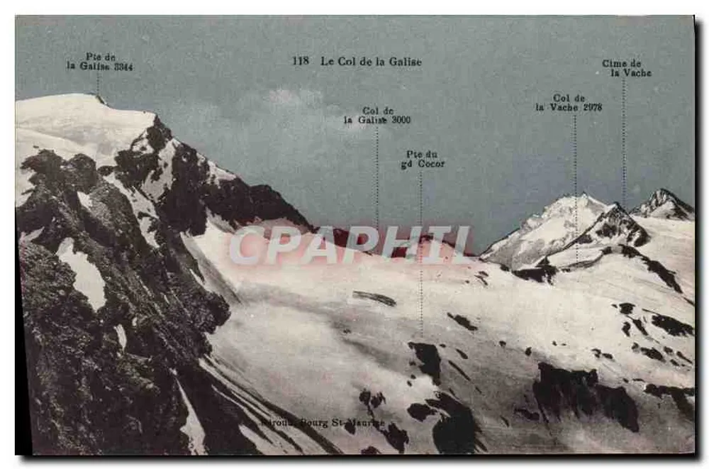 O Col da Galise — vista alpina com picos e altitudes — editor: Bourg St Maurice - Frente