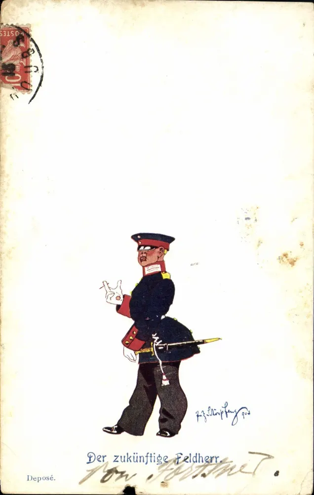 Soldado caricaturado — 'Der zukünftige Feldherr' — gravura assinada por Philipp Jung - Frente