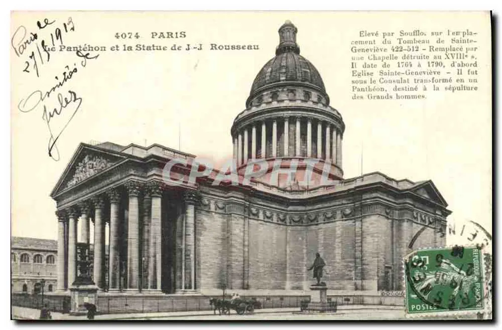 Le Panthéon et la Statue de J.-J. Rousseau — Paris — n° 4074 - Recto