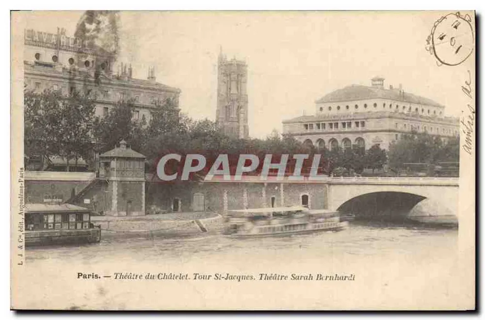 Paris — Theater du Châtelet, Tour Saint-Jacques, Theater Sarah Bernhardt — L. J. & Cie, Verlag, Augoussin, Paris - Vorderseite