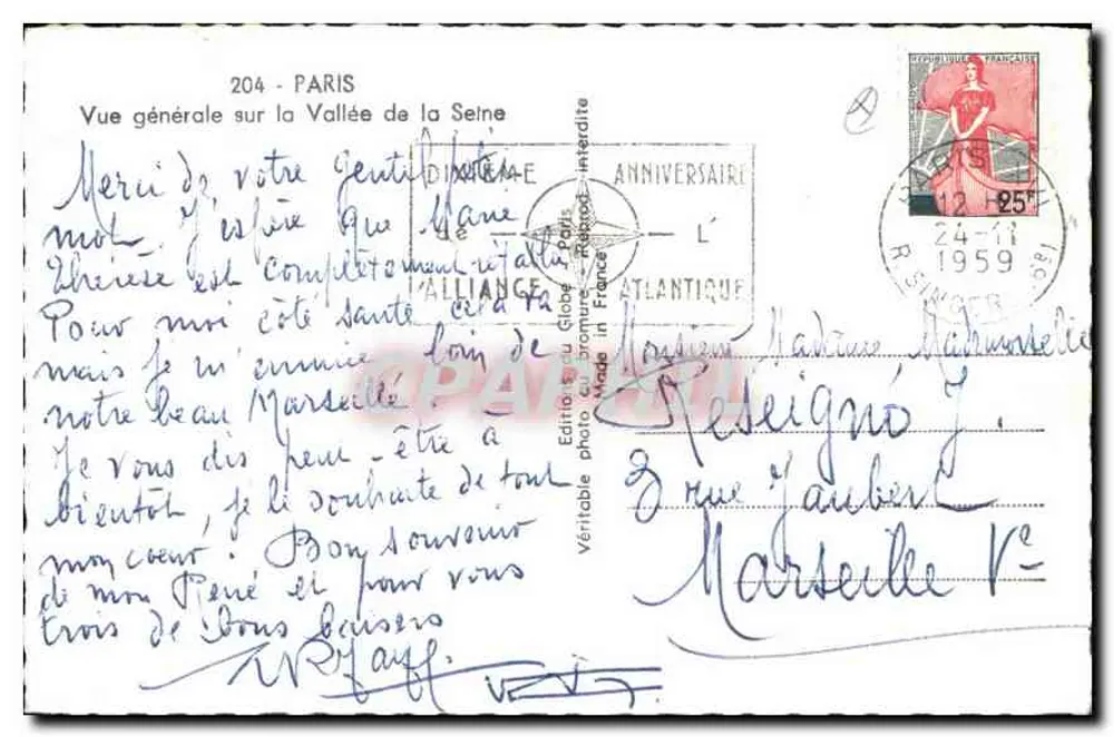 Vue générale sur la Vallée de la Seine — Paris — Édition du Globe, n° 204 - Verso