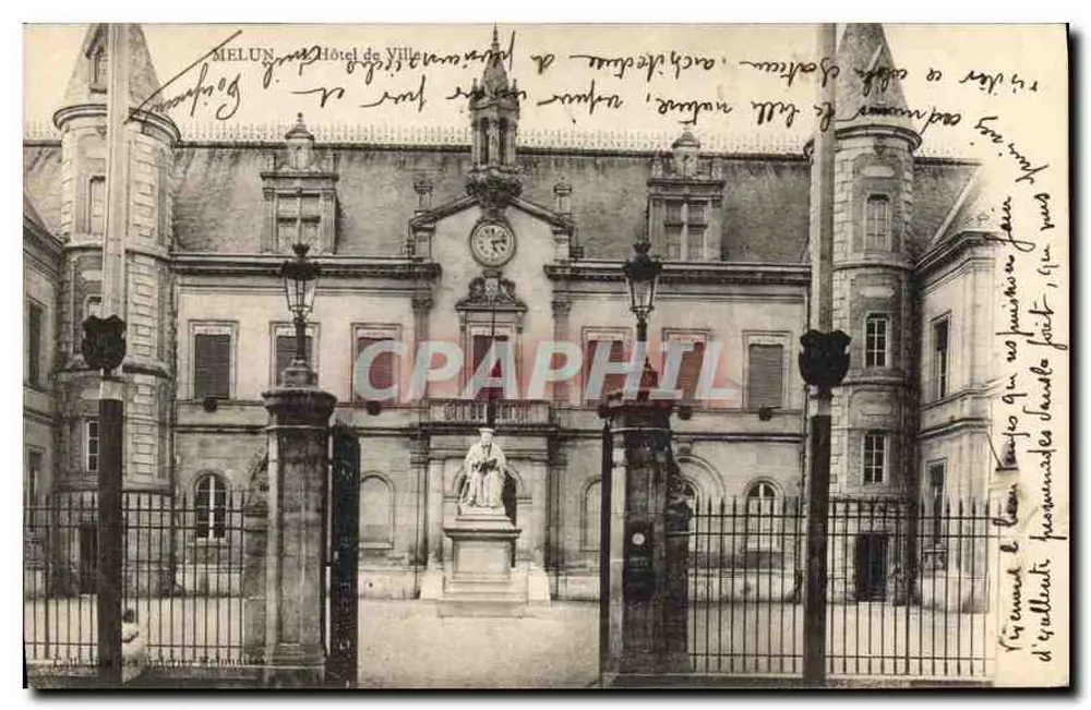 Mélun — Stadhuis — architectonische weergave met beeld in het midden - Voorkant