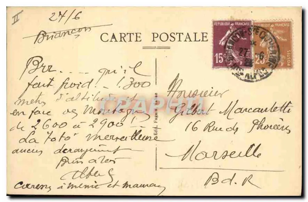 Der Lautaret — Hotel P.L.M. (2400 m.) — Verleger F. Puparin, Nr. 246 - Rückseite