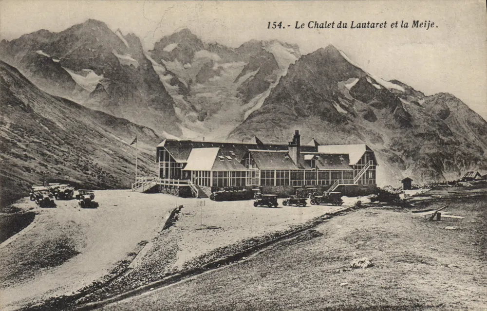 Das Chalet des Lautaret und die Meije — Alpinblick mit Gebäuden und Fahrzeugen der damaligen Zeit — Edition Martinotto Frères, Grenoble, Nr. 154 - Vorderseite