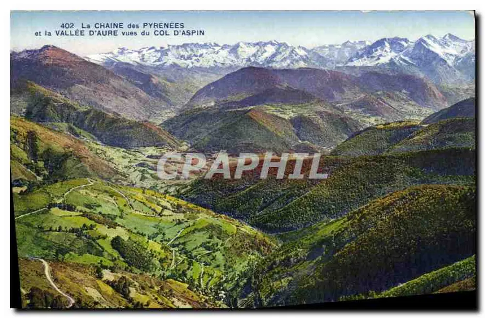 Die CHAINE der PYRÉNÉES und die VALLÉE D'AURE vom COL D'ASPIN aus — Serie 402 — Edit. ALIX - Vorderseite