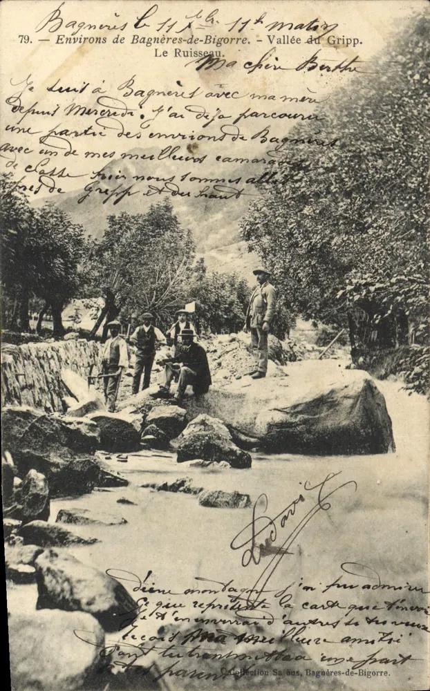 Bagnères-de-Bigorre — Tal des Grimp — Flusslandschaft mit Gruppen von Personen — Verleger: Louis C. n°79 - Vorderseite