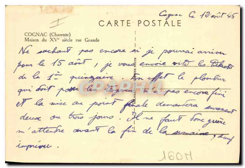 Cognac — Casa do Século XV, rua Grande — Cim - Verso