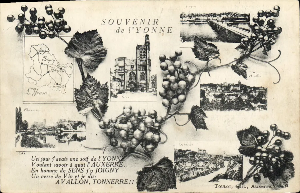 Souvenir de l'Yonne — collage de vues de Sens, Auxerre, Joigny, Avallon et Tonnerre — éditeur Toulot, Auxerre - Frente