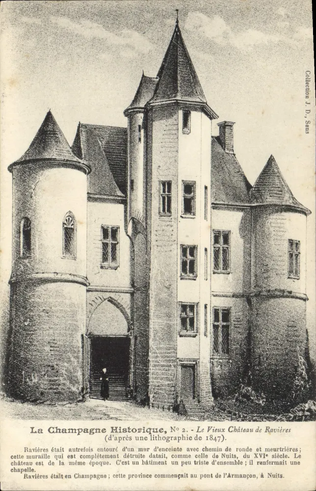 Das alte Schloss von Ravières — Champagnes Historique, Nr. 2 — nach Lithografie von 1847 — Sammlung J. D. Sens - Vorderseite