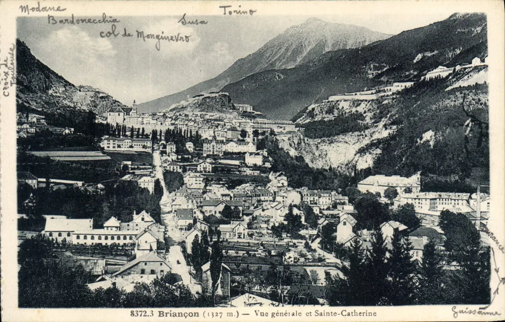 Bardonecchia — Vista geral e Santa Catarina — Editor Guissanne, n° 8372.3 - Frente