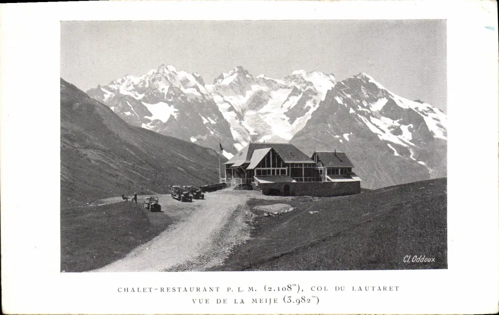 Chalet-Restaurant P.L.M. (2.108m), Col du Lautaret — Ansicht von La Meije (3.982m) — Cl. Oddoux - Vorderseite