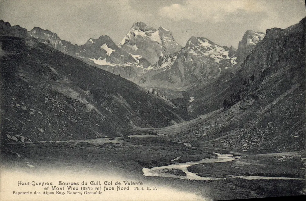 Haut-Queyras — Quellen des Guil, Pass Valenfe und Mont Viso (3845 m) Nordseite — Papeterie des Alpes Eug. Robert, Grenoble - Vorderseite