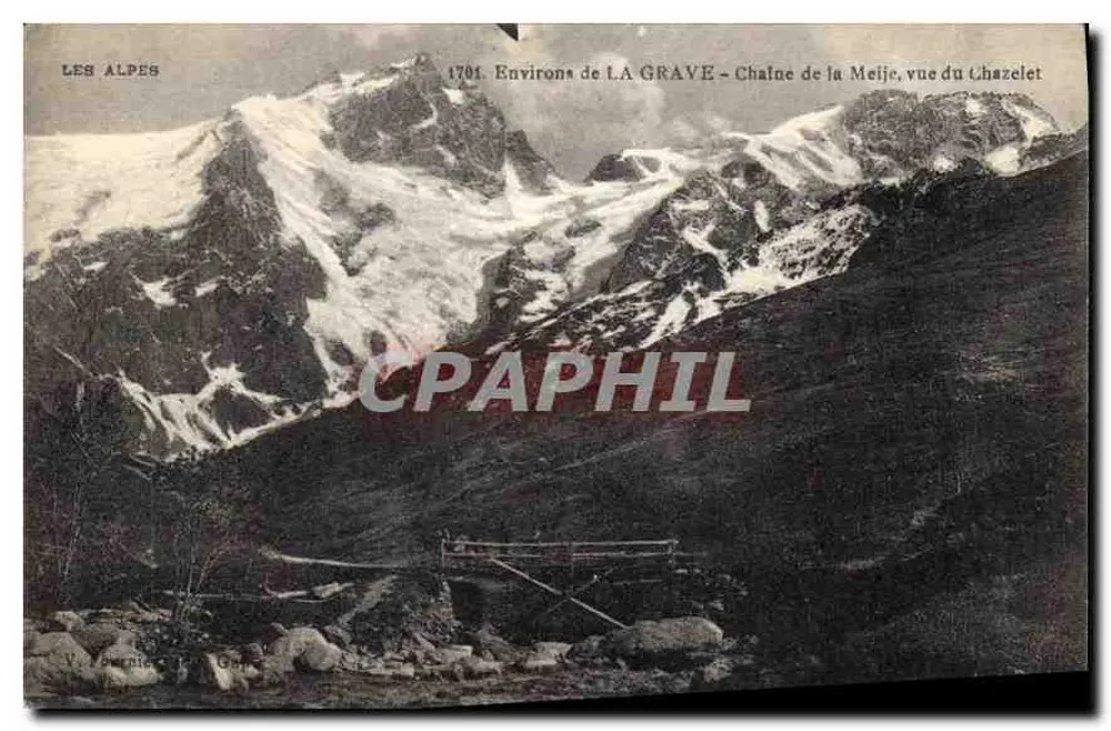 Die Alpen — Um La Grave — Kette der Meije, Ansicht von Chazelet — V. Journier, Lyon, Kupferstich - Vorderseite