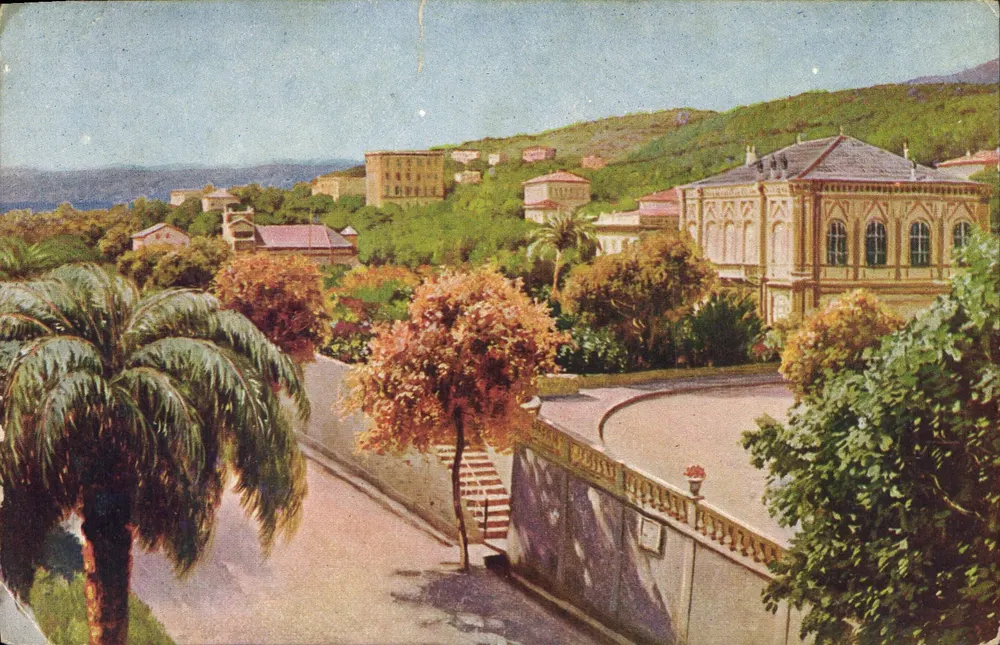 Vue de Hyères — paysage avec villa et palmiers — Édition de la Chocolaterie d'Aigüebelle, Hyères - Frente
