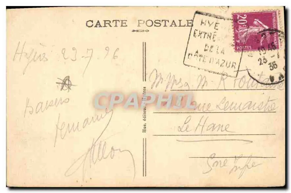 Côte d'Hyères - Giens — Coin de Falaises — éditeur HUE, n° 210 - Rückseite