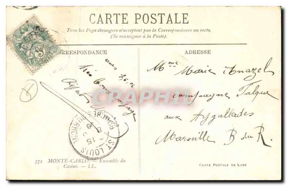 Place du Casino w Monte-Carlo — widok panoramiczny — Cante Postale de Luxe n°372 - Rewers
