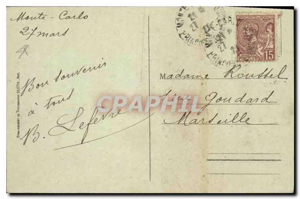 Monte-Carlo - O Casino, Jardins — Edição Gilletta, n° 836 - Verso