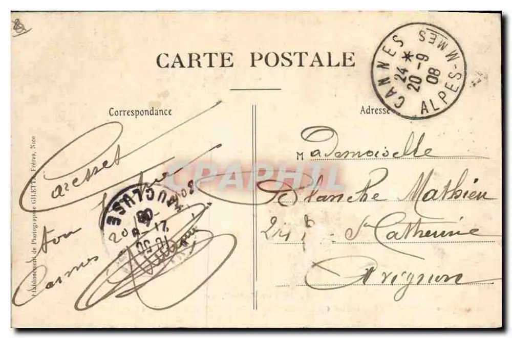 CANNES — Sonnenuntergang über den Estérel — Künstlerische Sammlung, n° 408 bis, phot. Nice - Rückseite