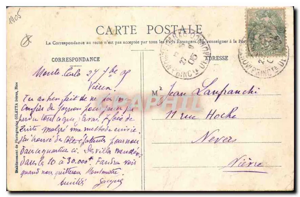 Monte-Carlo — Neue Spielhalle — Die Roulette — Gilotta, phot., Nizza, n° 722 - Rückseite