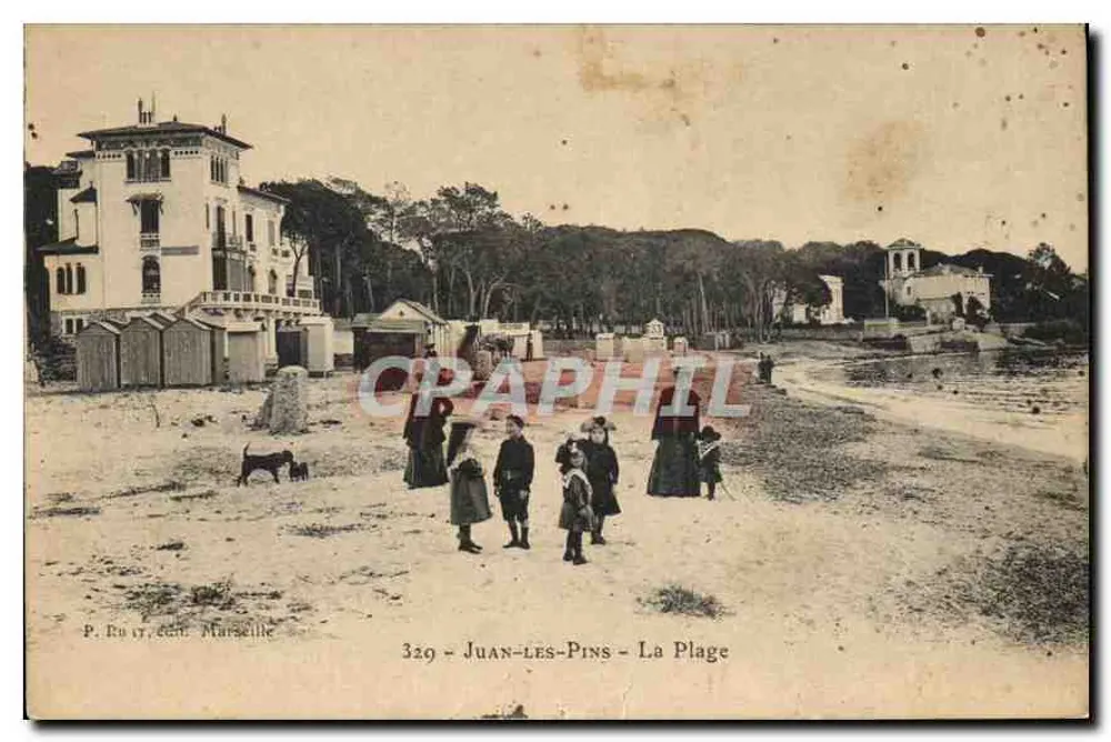 Juan-les-Pins - A Praia — vista da praia com edifícios e pessoas — P. Bo 17, editor Marseille, n° 329 - Frente