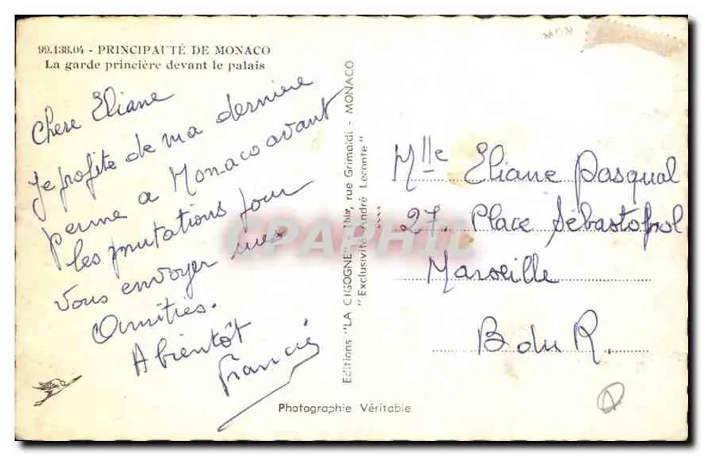 A guarda príncipe diante do palácio — Principado de Mônaco — Edições 'LA CIGOGNE' - Verso