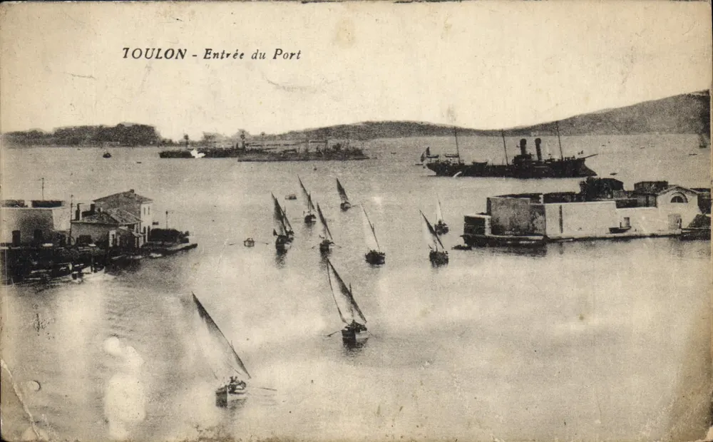Toulon - Entrada do Porto — vista marítima com barcos a vela e navios a vapor — editor desconhecido - Frente
