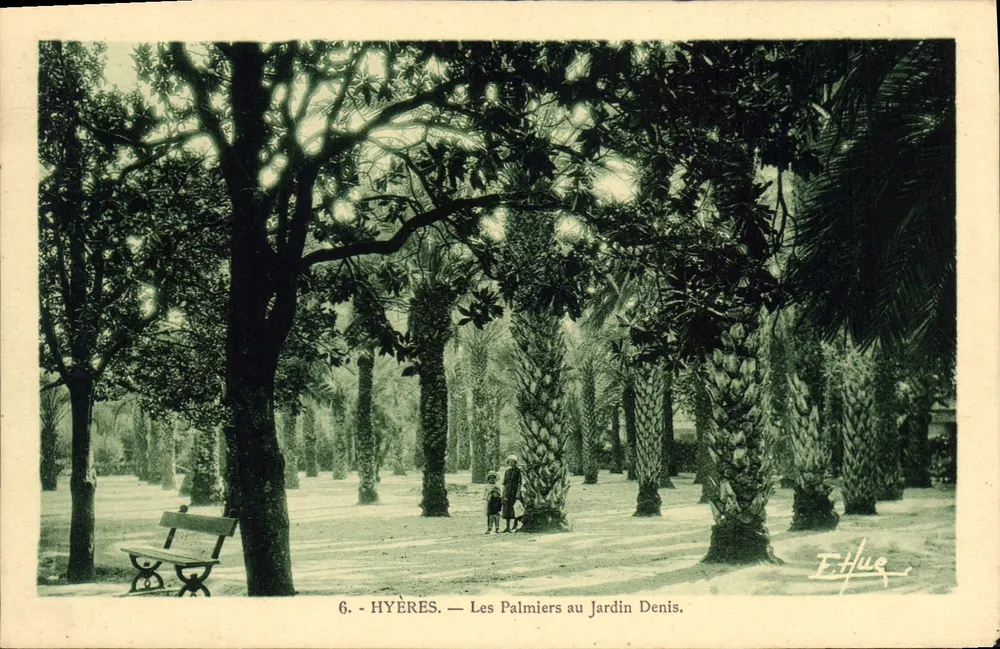 Hyères — Ansicht des Gartens Denis mit Palmen — E. Hue, n°6 - Vorderseite