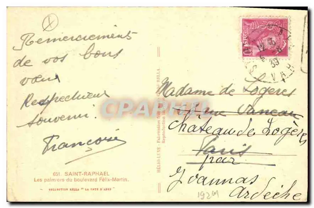 Die Palmen des Boulevard Félix-Martin — Saint-Raphaël — Verlag Rella, n° 651 - Rückseite