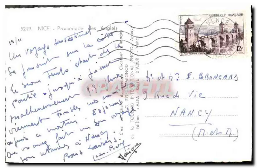 Nice - Promenade dos Ingleses — cliché de G. Rossignol, edição Alfa d'Azur, n° 5219 - Verso